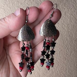 Vintage Statement Star Fringe Earrings Hammered Metal Patriotic Colors